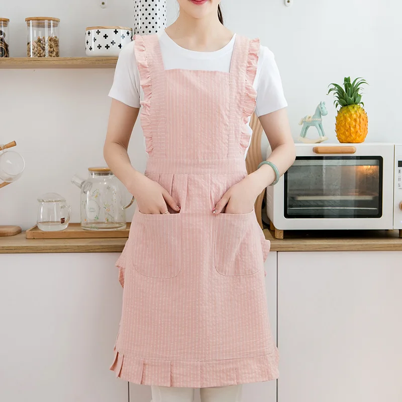 

Korean version apron women breathable thin cotton fabric work waist striped kitchen cooking stain resistant summer new style