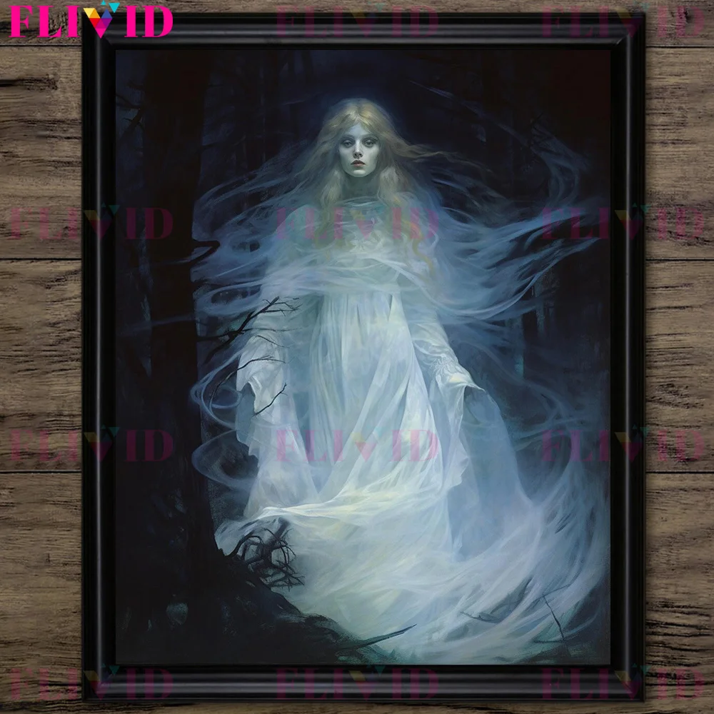 Victorian Ghost Woman Draped In White Gauze,Vintage Wall Art Canvas Painting,The Ghost Of The Girl Gothic Art Poster Print Decor
