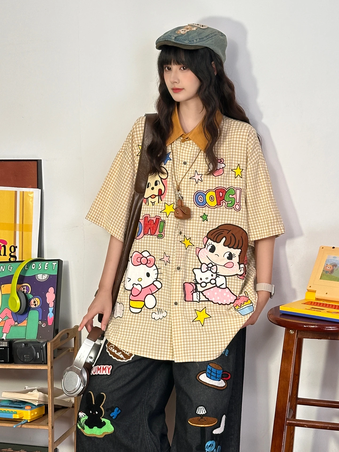 

Cute Cartoon Embroidery Loose Short Sleeve Shirt Women's Summer Casual Style Cotton Polyester Blend Breathable Top