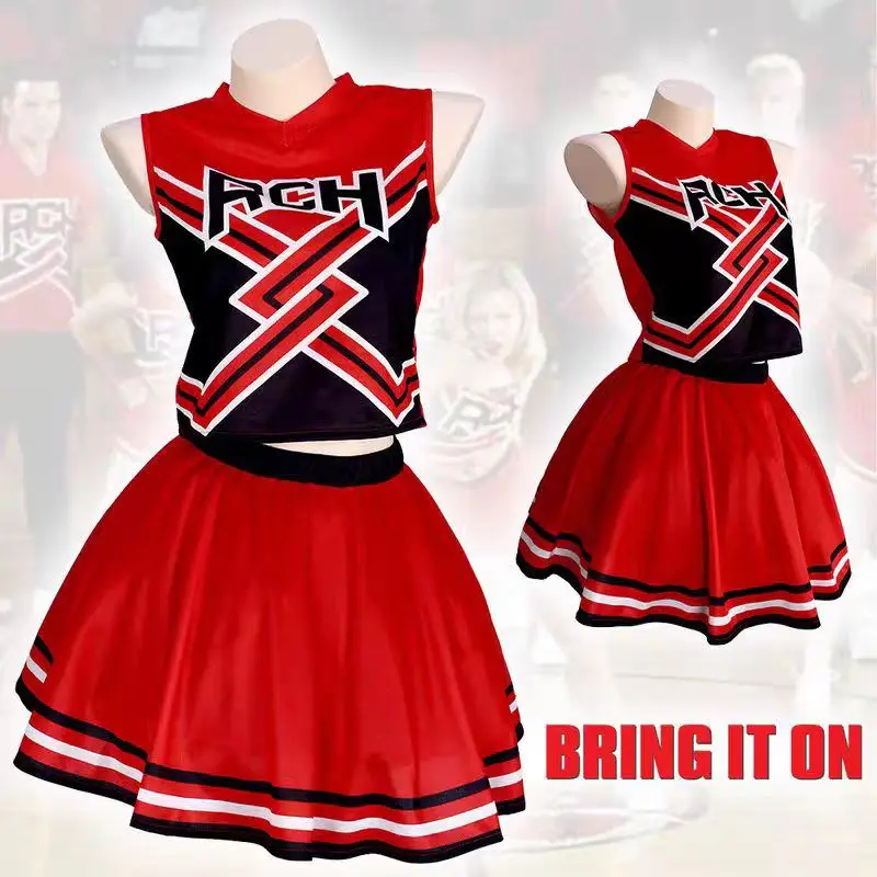 Bring It On Cheerleader-Kostüm für Damen, RCH-bedrucktes Oberteil, Rock, Mädchen, Cheerleader-Uniform, Halloween-Cheerleading-Party