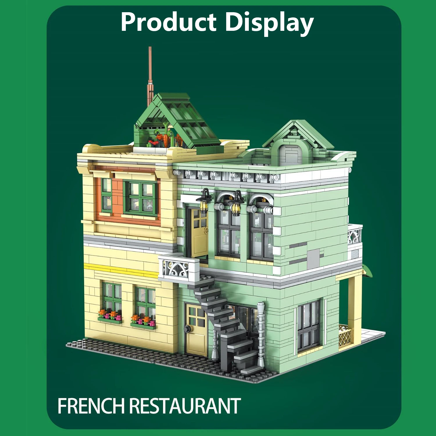 Architectural Street View French Restaurant Building Blocks Model LED Light Assembly Learning Puzzle Toy for Boys Gift Display