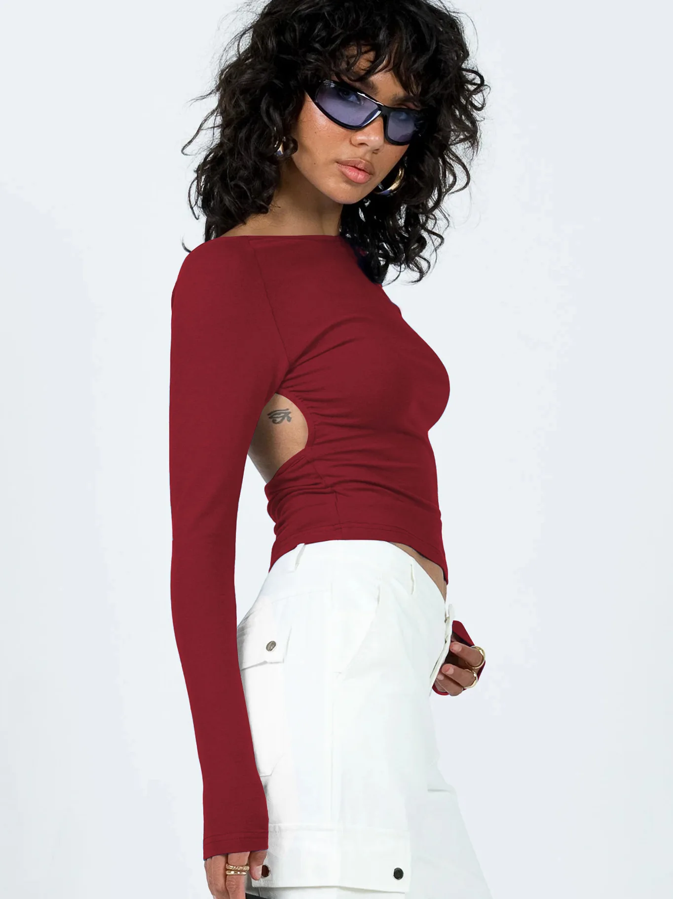 Y2K europejska i amerykańska letnia bez pleców Top z długimi rękawami seksowna pikantna dziewczyna na ramię t-shirt damski