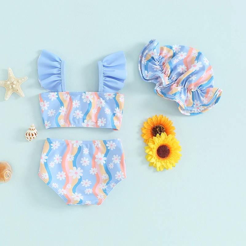 0-3T Toddler Swimsuit 3Piece Set  Rainbow Printed Pleated Small Floral Swimsuit Bikini Set With Hooded Summer New Split Swimsuit