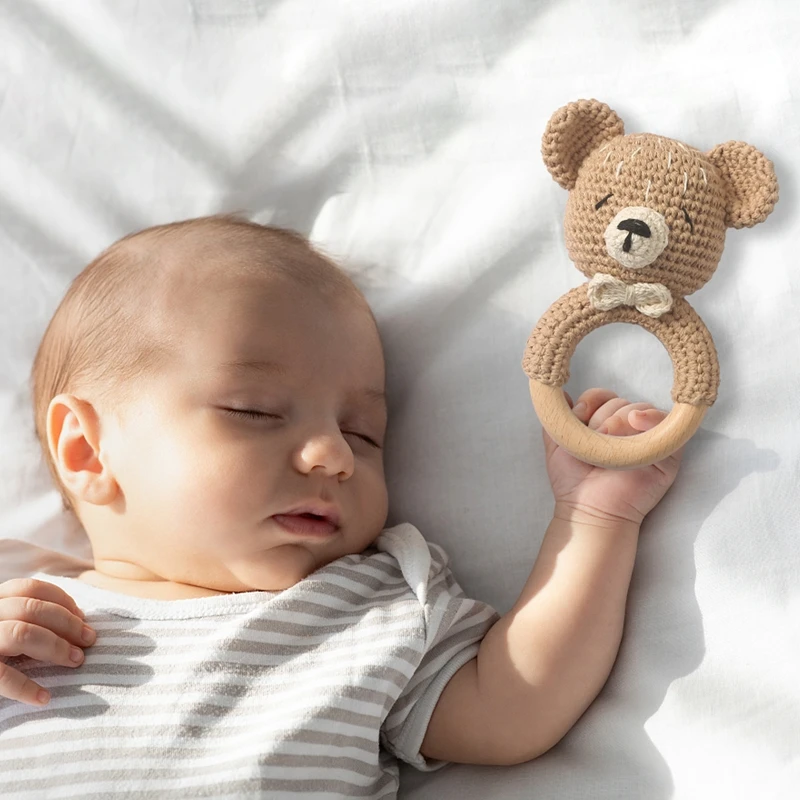 1pc Baby Rasseln häkeln Hase Rassel Spielzeug Holzring Baby Beißring Nagetier Baby Gym Mobile Rasseln Neugeborene Lernspiel zeug Geschenke