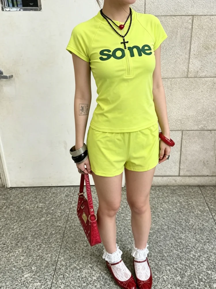 Coquette Neon Green Half Zip Short Sleeve Set Women With Letter Print Detail For Daily Wear And Street Outfit view 2