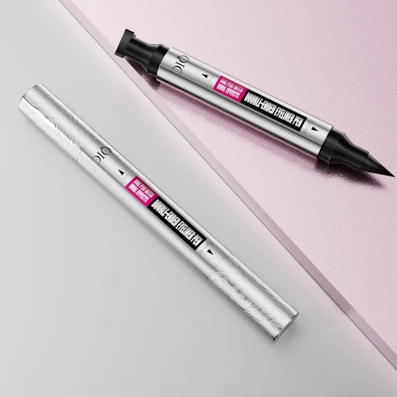 トライアングルスタンプウィングアイライナーペン、両端に細いペン先、防水、汚れ防止、簡単な対称キャットアイメイクアップ用 1 個