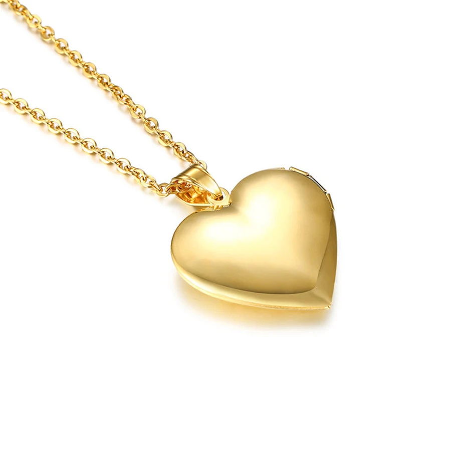 Romantic Heart Locket Pendant Female Gold Color Stainless Steel Openable Photo Frame Necklace for Women Jewelry Valentine\'s Gift