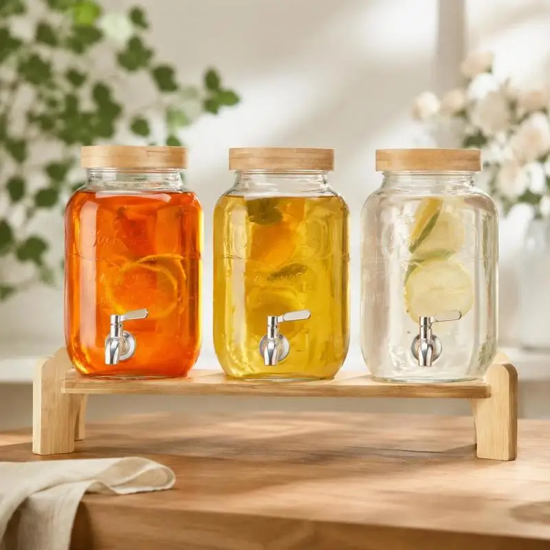Distributeur de boissons en verre transparent 55x15x15 cm, lot de 3 réservoirs de 3,8 L, support en bois et robinet, livraison depuis un entrepôt local