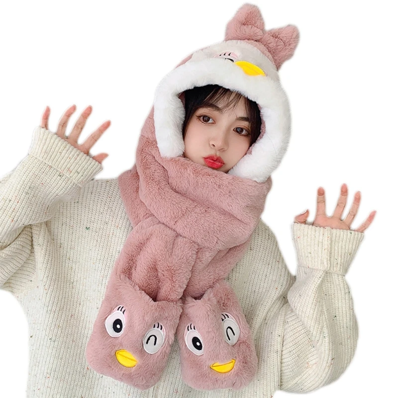 3-in-1 Hat Multi-Functional Hooded Scarf with Mittens Big Eyes Yellow Mouth Soft Plush for Women Girls Sisters