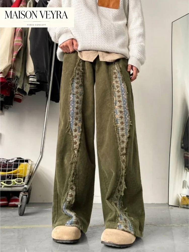 Pantalones de Pana Verde Vintage Y2K para Mujer, Estilo Gótico Subcultural, Casual, Streetwear, Harajuku, Pantalones Anchos