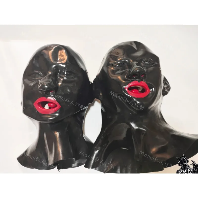 Copricapo tridimensionale personalizzato in lattice con labbra rosse, denti, lingua e body per maschera cosplay per ginnastica per ragazze