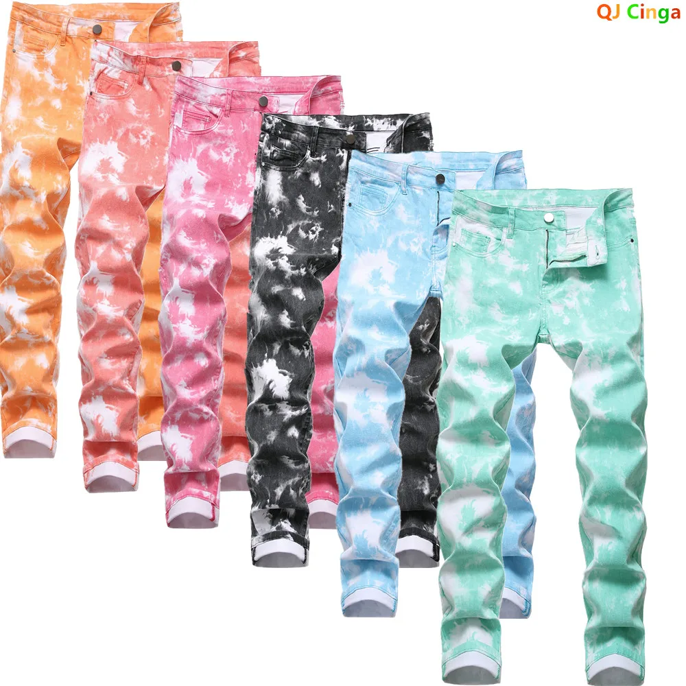 Men's Fall Jeans, High-stretch Denim Pants, Asian Sizes, Available in Black, Blue, Orange, Light Green, and Pink.