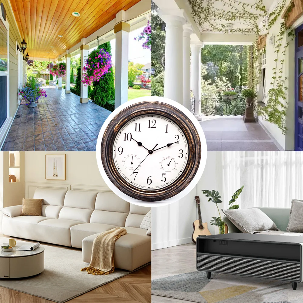 12inch Wall Clock,Retro Waterproof Clock With Displays Thermometer&Hygrometer,Noise-Free Clock For Indoor/Outdoor