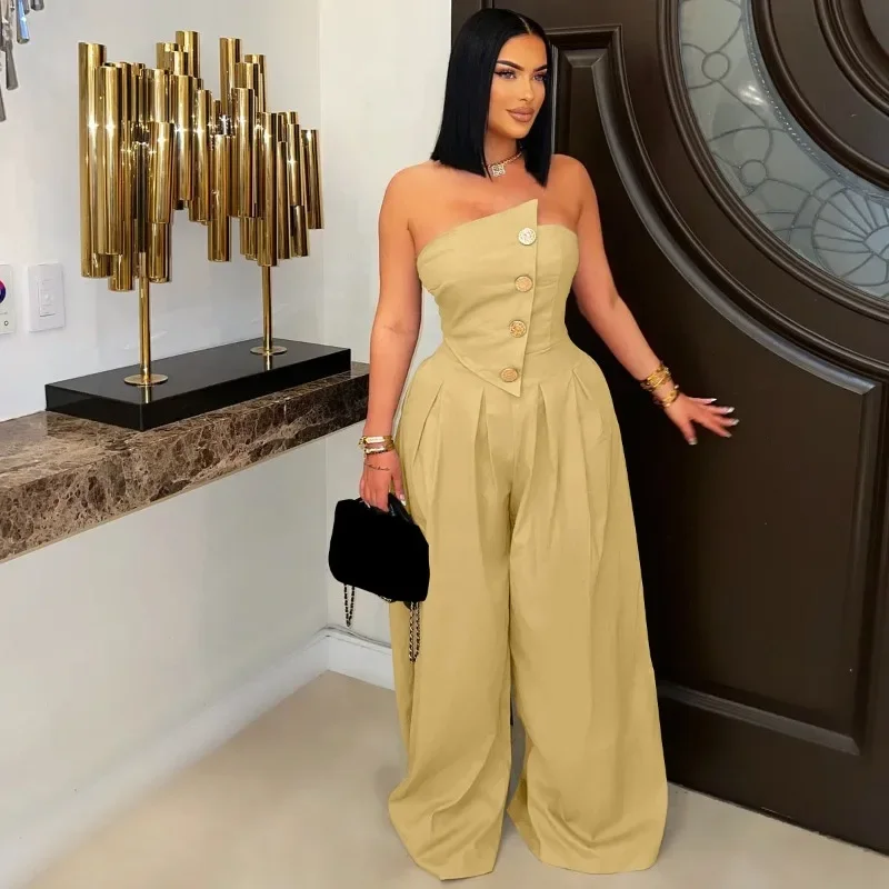 

GUWU модные женские сексуальные комбинезоны без бретелек с широкими штанинами на пуговицах, повседневные свободные уличные наряды для вечеринок, цельный костюм, комбинезон