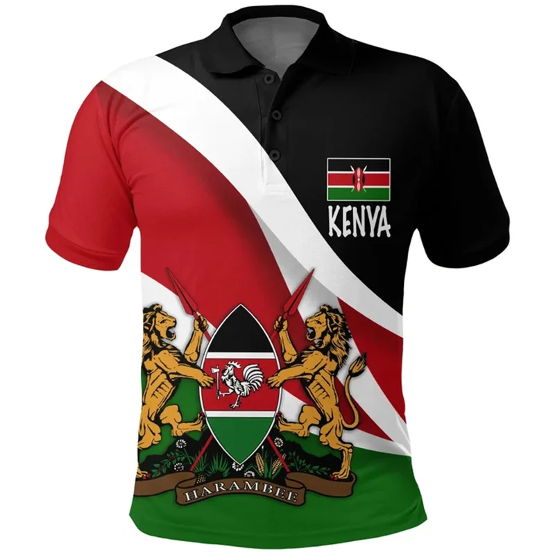 3D Printing Kenya Tribal Emblem Polo Shirt The Republic-of Kenya Map Flag Graphic Polo Shirts Vintage Fashion Polo T Shirt Men