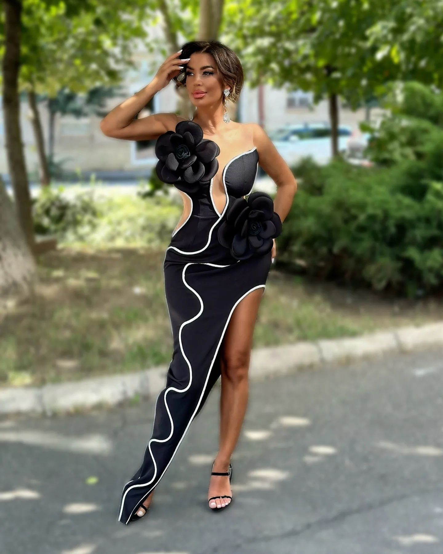 Sexy Black Stretchy Asymmetrical Split Women Party Dresses With Handmade Flower Details Long Maxi Gowns