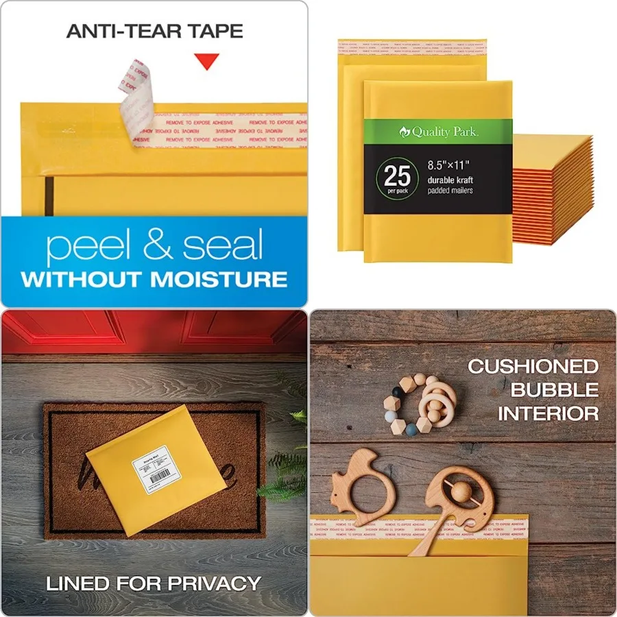 

Bubble Mailers, 8.5 x 11 Inch, Kraft Padded Envelopes, Durable Brown Shipping Envelopes, Self Seal Closure, 25 Per Box QUA85759