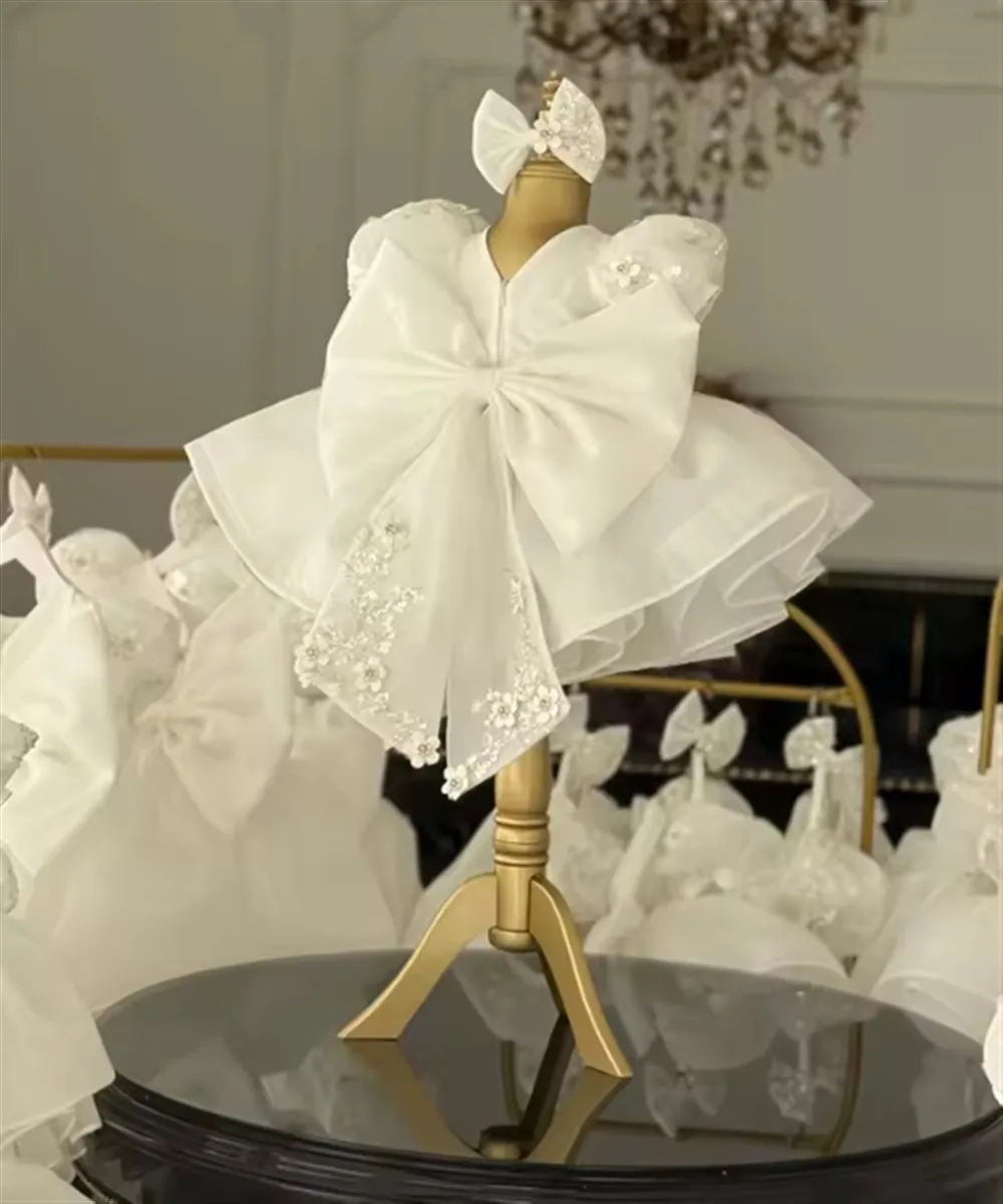 Luxury White Flower Girl Wedding Dress Appliques Floral with Bow Princess Birthday Party Pageant Dress Kids First Communion Gown