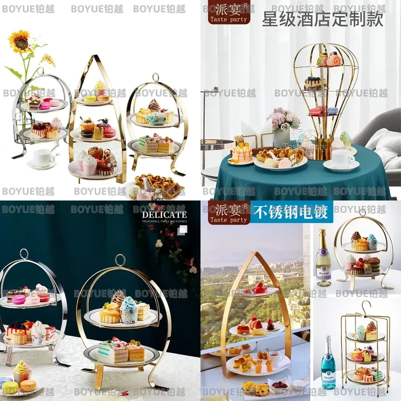 Gold Plated Stainless Steel Dessert Stand Tiered Fruit Plate Afternoon Tea Snack Rack European Cake Tray