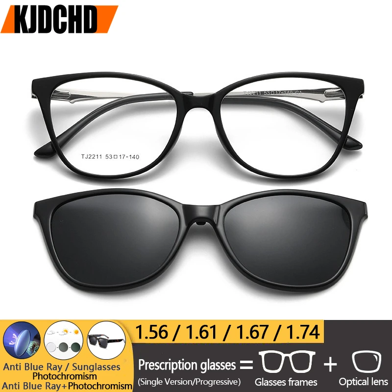 

KJDCHD Модные очки «кошачий глаз» 2-в-1 с магнитным креплением, женские поляризационные солнцезащитные очки, индивидуальная коррекция по рецепту, прогрессивные линзы