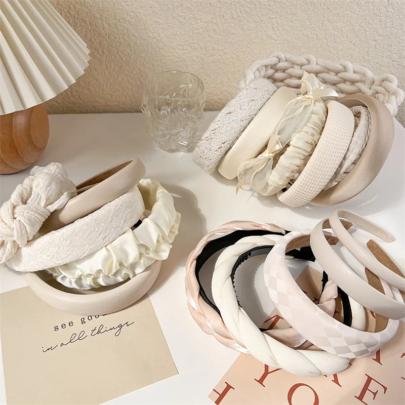 Spring New Beige Series Cream Headband Women Cloth Cortex Headband Girls Wide Bezel Hairband Hair Hoop Fashion Hair Accessories