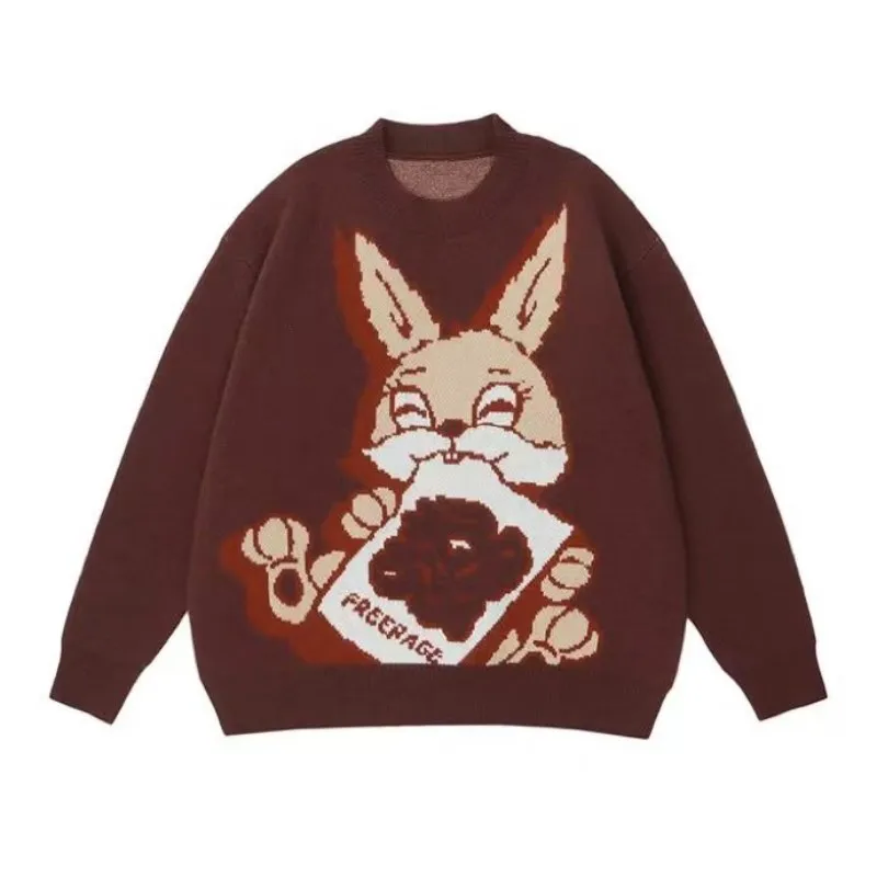 Winter Women's Loose Knitted Sweater Kawaii Rabbit Cartoon Printed Long Sleeve Pullovers Women Fairy Jumpers Y2K Gothic Knitwear