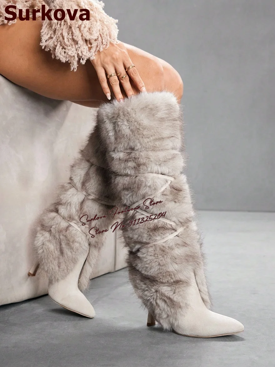 

Surkova, теплые сапоги до колена на мягком меху, бежевые замшевые пушистые плюшевые зимние высокие сапоги на шпильке, меховая обувь с отложным механизмом
