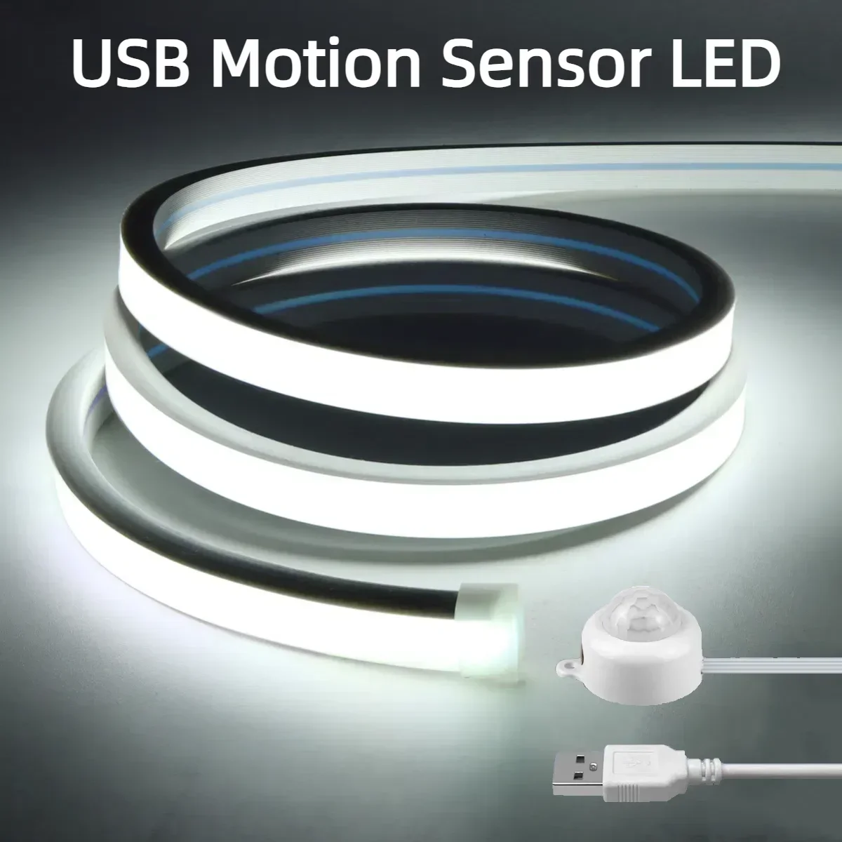 USB COB Neon LED Strip Light with PIR Motion Sensor IP65 Waterproof 3000K/4000K/6000K, Adjustable Delay Time for Stairs Bedroom