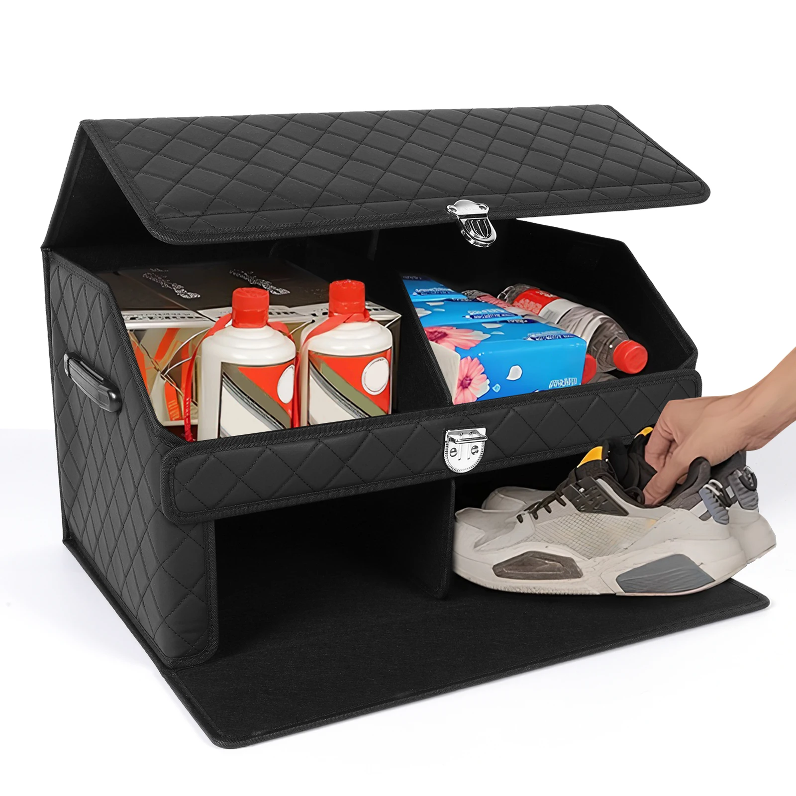

Double-Layer Car Trunk Organizer Adjustable & Collapsible Cargo Box Multi Compartment Car Storage Bin for SUVs Sedans Back Seats