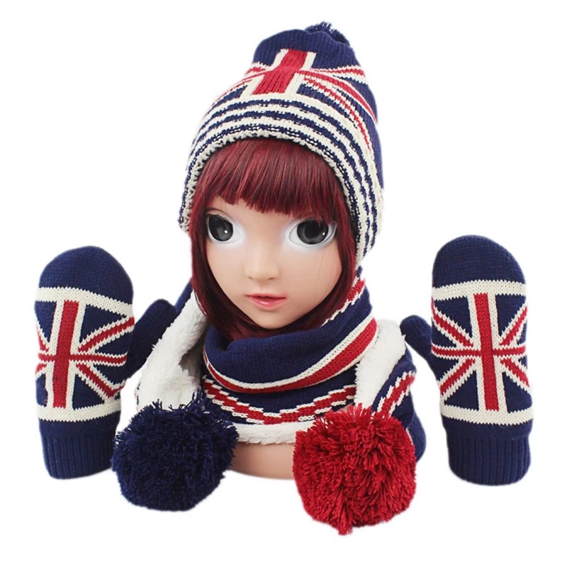 2023 New Toddler Kids 3 Pieces Winter Warm Beanie Hat Long Scarf Gloves Set USA American UK British  Knitted  Skull