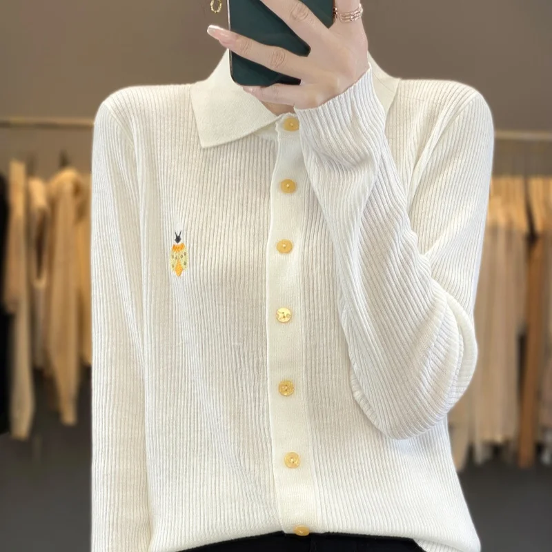 

Осенне-зимний новый женский кардиган из 100% чистой шерсти, женская вязаная куртка с воротником-поло, модный женский базовый топ