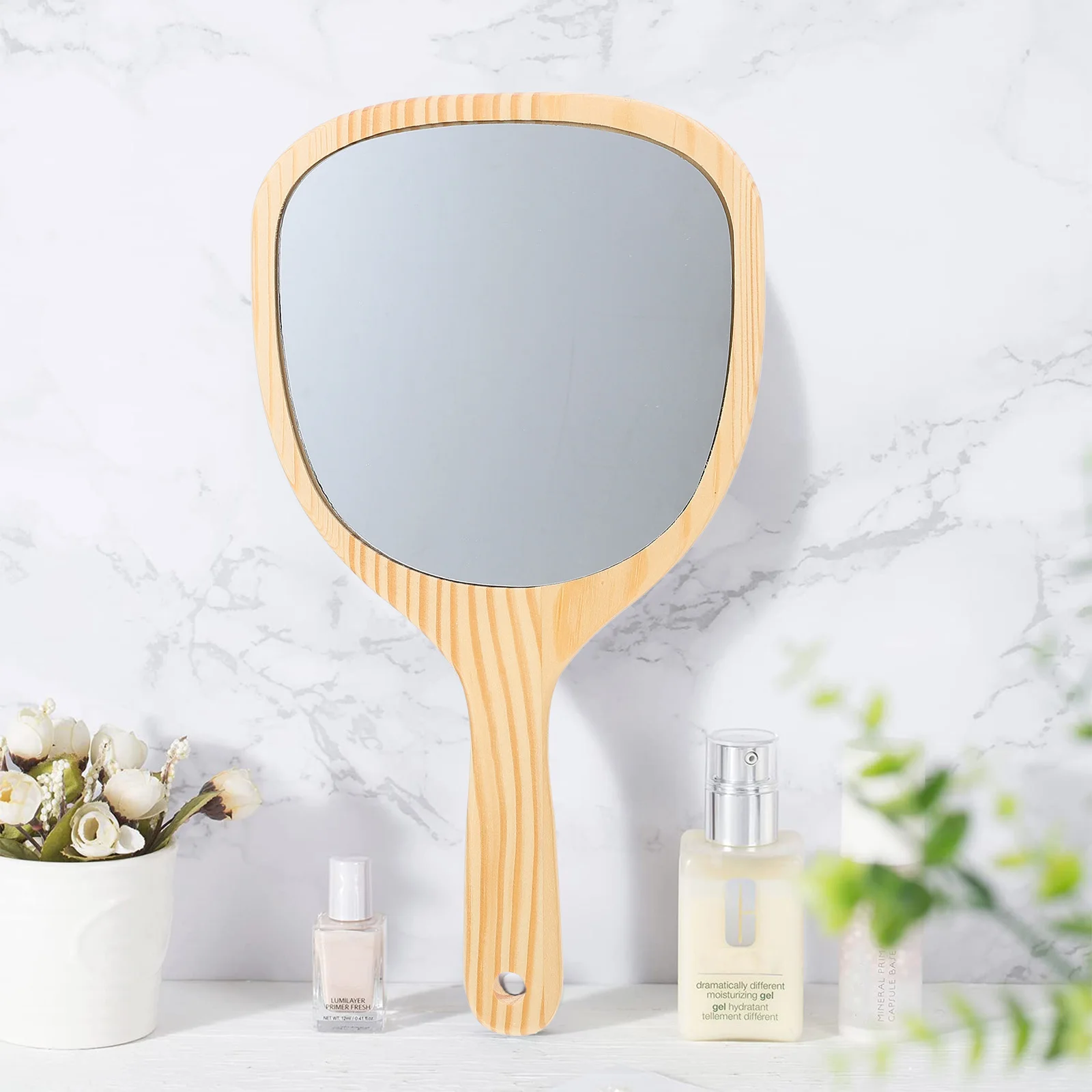 Wooden Handle Portable Makeup Mirror For Women Travel Vanity Handheld Compact Dressing Mirror For Home Bathroom Bedroom