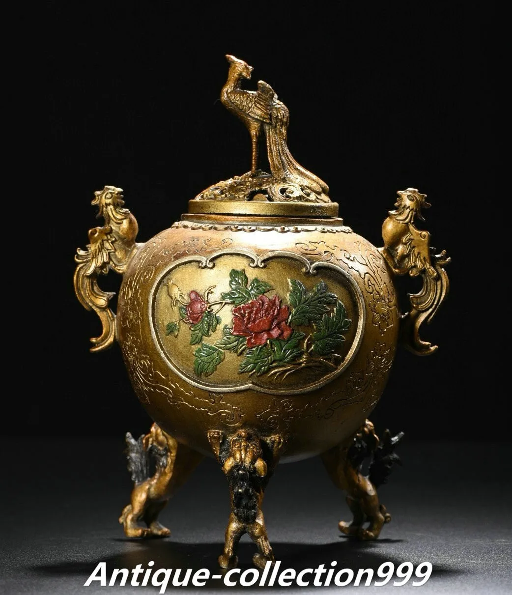 

9 inch Chinese copper gold-plated painting binaural peony lion phoenix incense burner incense burner - brass gilt