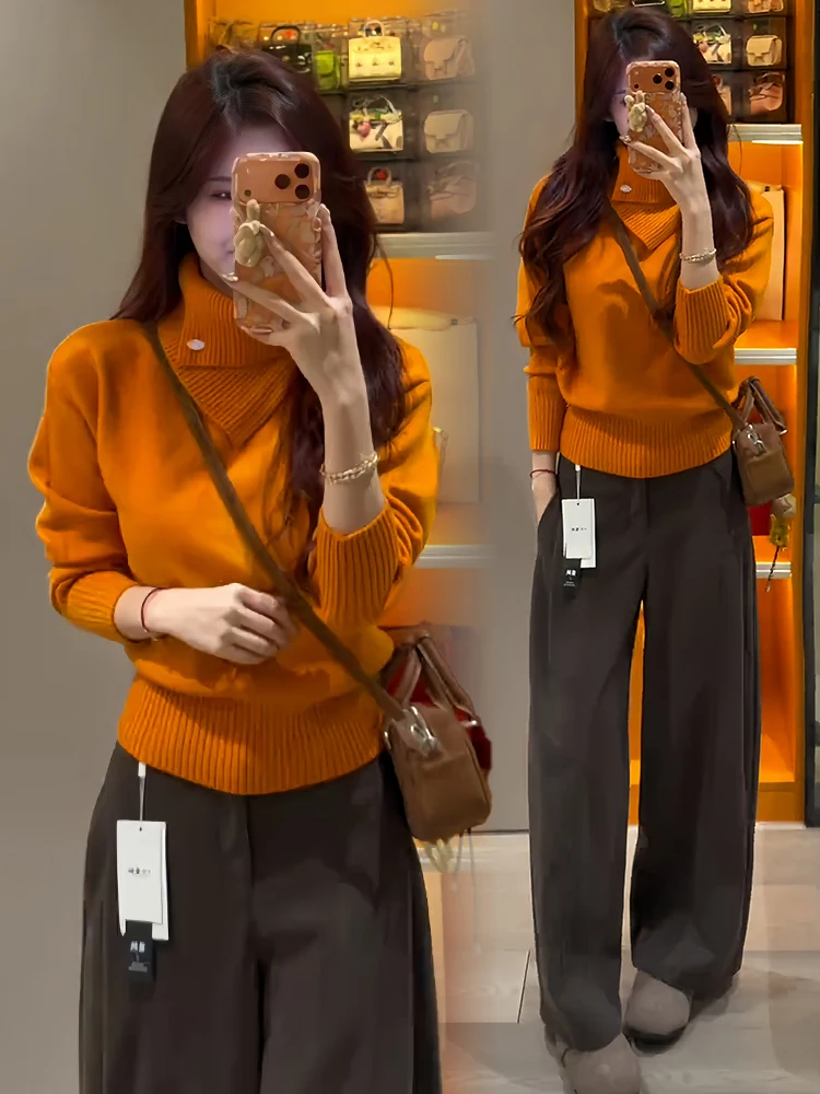 خريف شتاء جديد Sle طويل Sve محبوك سترة المرأة Faion أيقونة الحد من العمر فضفاضة تناسب عالية طوق اللون