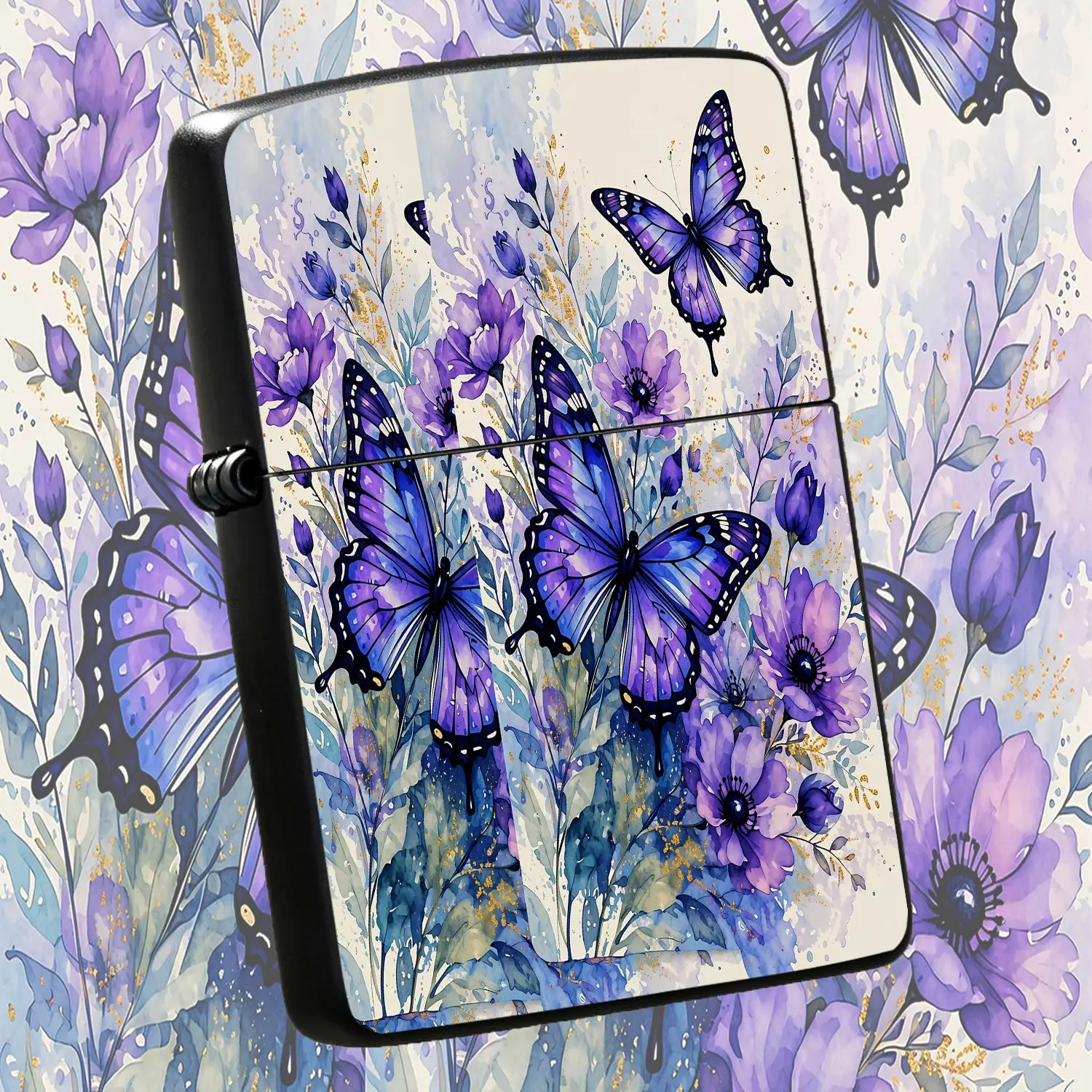 Watercolor Purple Bluefloral Decorative Lighter, Exquisite Artistic Portable Igniter For Daily Use, Outdoor Gathering, Dating And All Scenarios, Dreamy Aesthetic High-Quality Creative Gift With Elegant Visual Charm A Humorous And Interestin