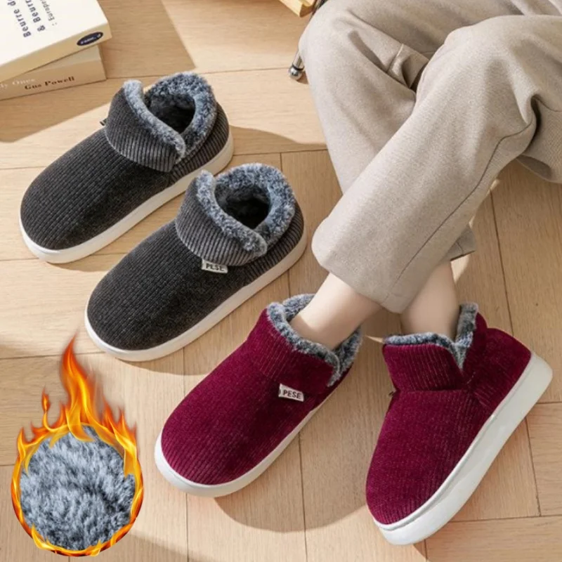 

Уютные домашние тапочки на флисовой подкладке для женщин и мужчин, нескользящая уличная обувь, теплая плюшевая обувь на мягкой подошве для зимнего использования