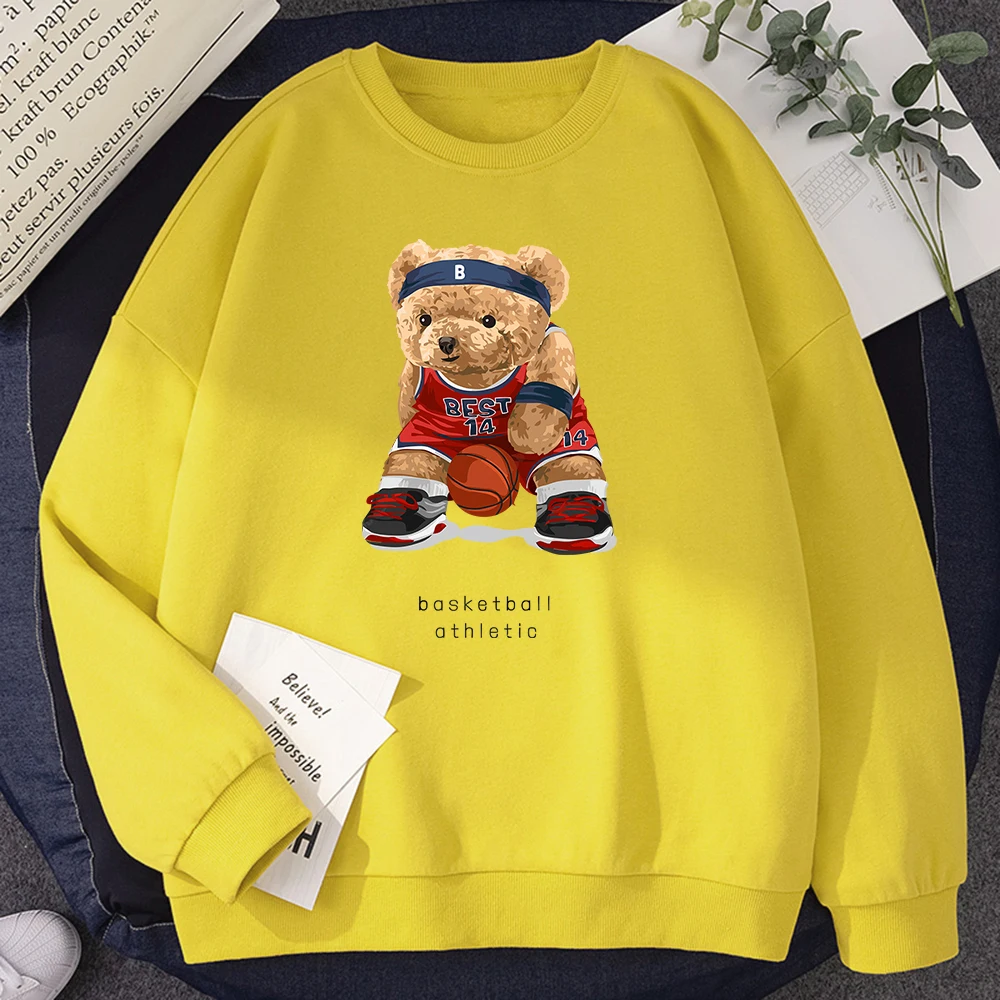 Casualpullovers For Women No Best14 Teddy Bear Basketball Athletic Print Hoodies Loose Crewneck Sweatshirts Warm Fleece Tops