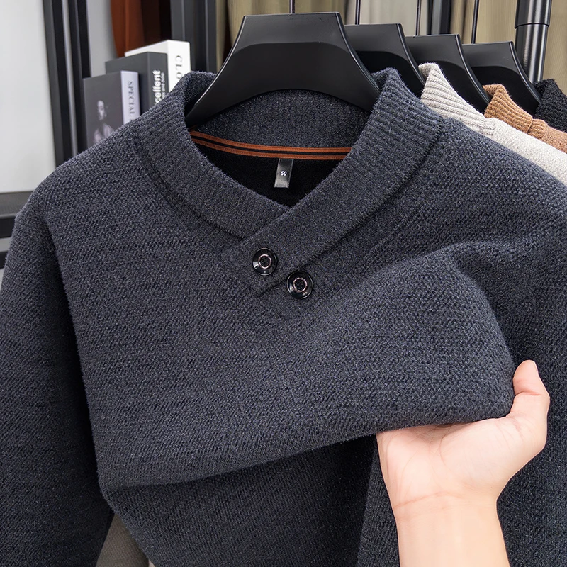 

Winter Mink Fur Plus Thick Knit Sweater, Middle-aged and Young, Scarf Collar, Solid Color One-piece Fleece Men's Base Shirt