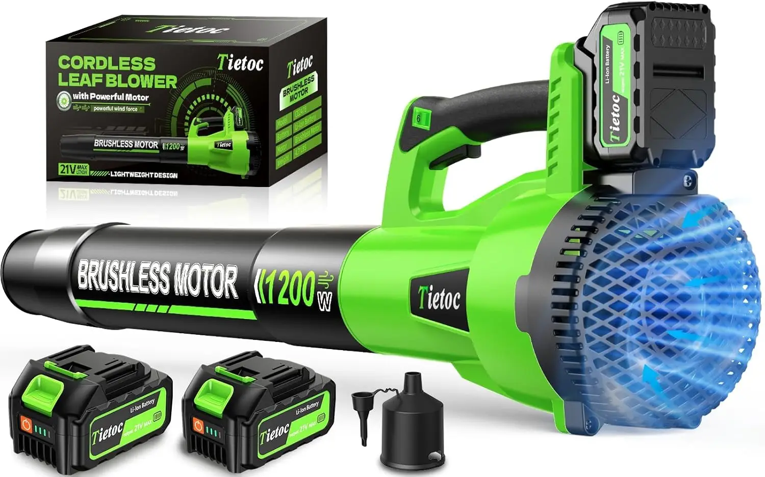 

Cordless Leaf Blower 1200W Brushless Motor with 2 Batteries, 6 Speeds for Garden Lawn Care Gift