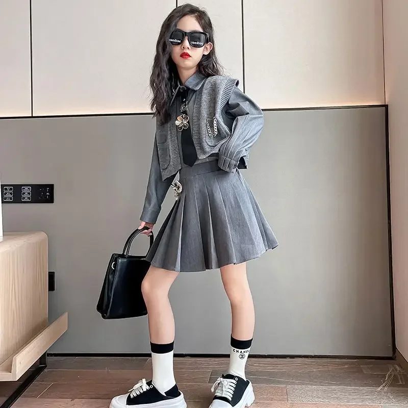 

Spring Autumn Student Girls Jk Uniform College Style Suit Children's Coat Shirt Pleated Skirt 3Pcs Sets Loungewear with 5-14Y