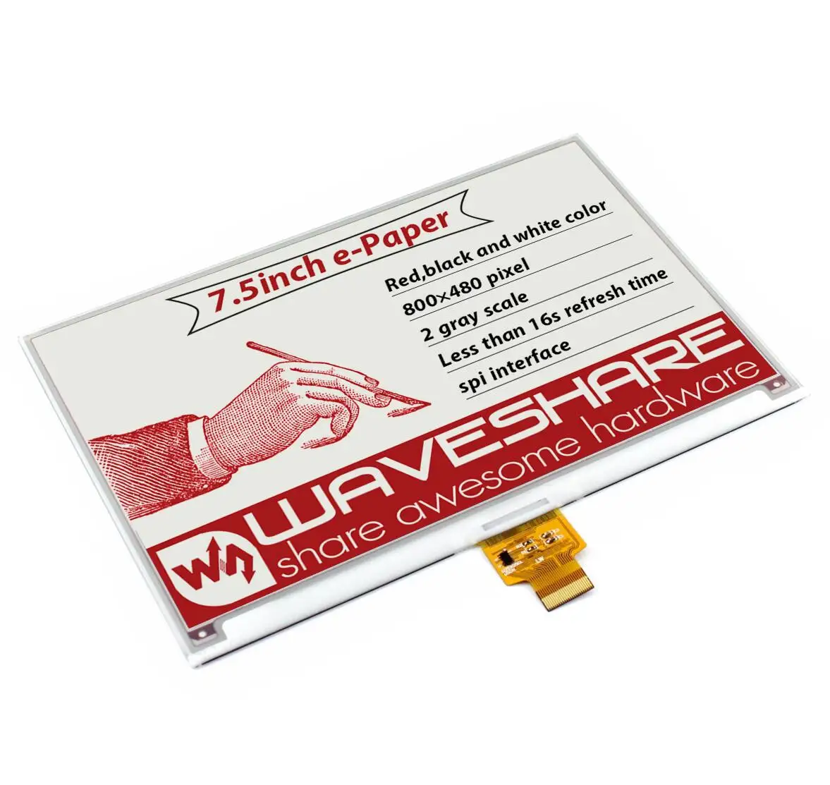 

Waveshare 7.5inch E-Paper (B) E-Ink Raw Display 800*480 Red Black White SPI Without PCB