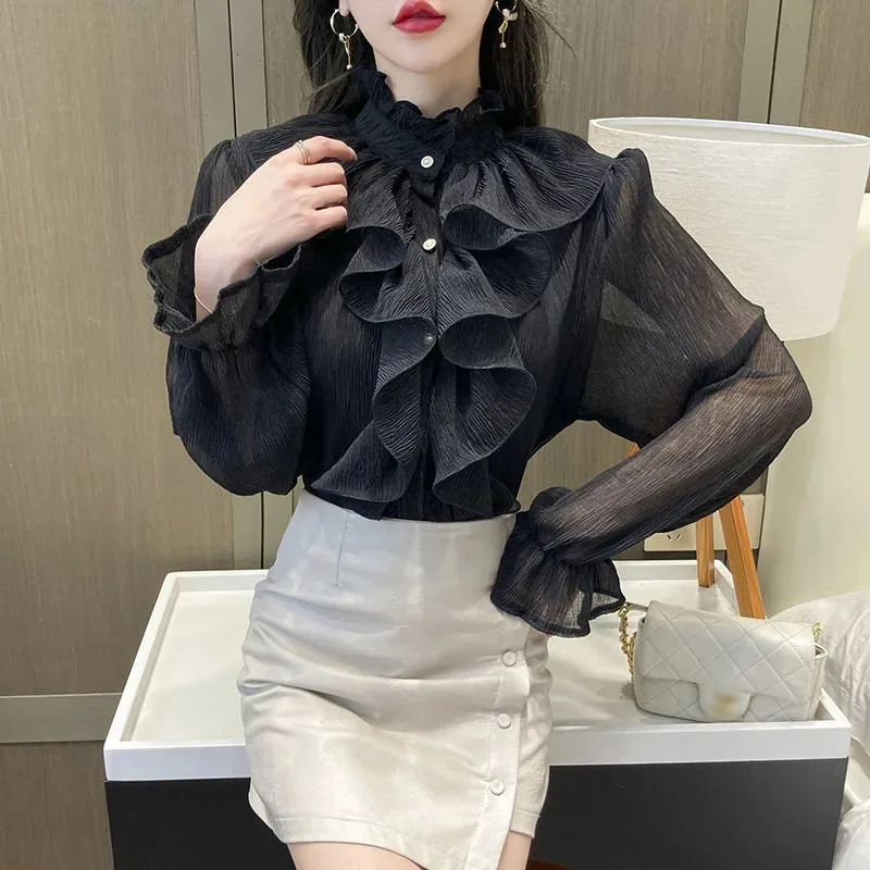 New Fashion Ruffles Stitching Lace Women\'s Blouse Elegant Chiffon Shirt Stand Collar Button Long Flare Sleeve Loose Tops 12946