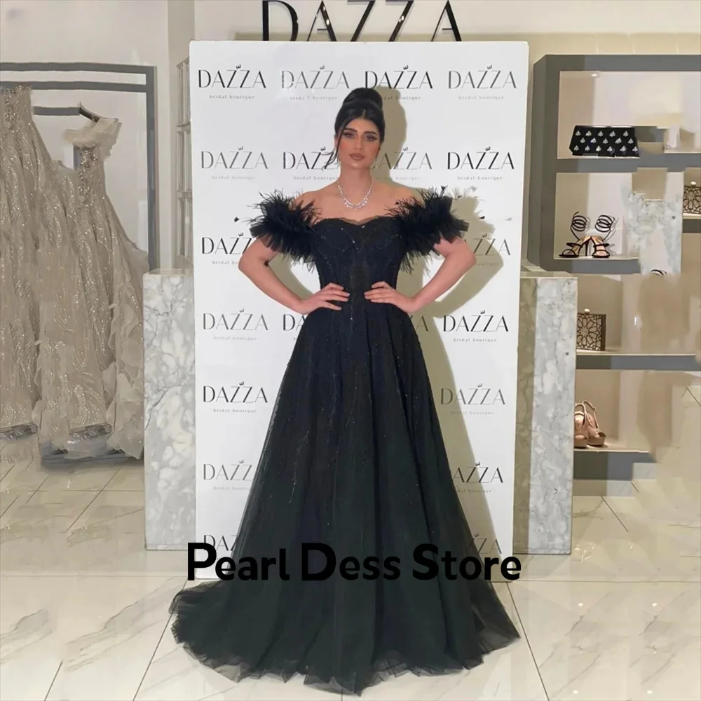 

Princess Black Sequin Evening Dress Sparkling Off Shoulder A-shaped Party Dress 2024 Sparkling Chest