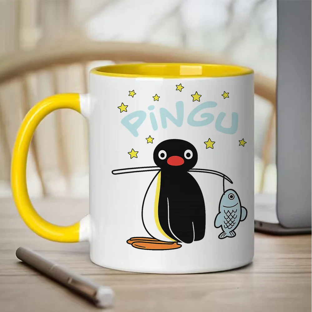 11oz Pingu Penguin with Fish Print Ceramic Coffee Mug Tableware for Home Use Holiday Party Favor Christmas Birthday Present Outd