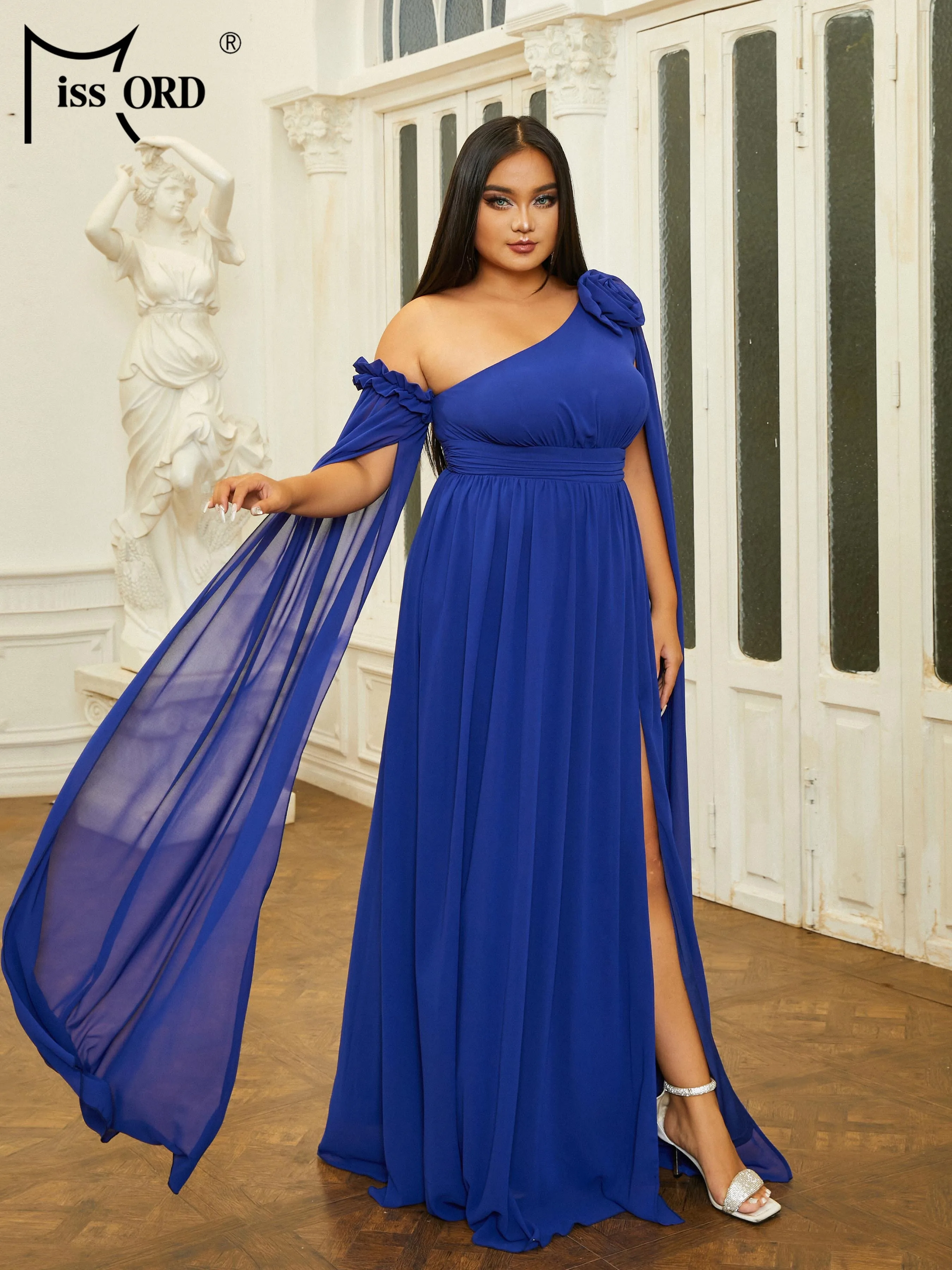 Missord Plus Size Blue Off shoulder Long Sleeved A-line Evening Gown Wedding Birthday Party Dress