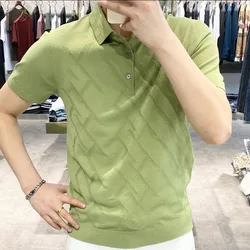 Men Clothing Korean Fashion Polo Collar Business Casual Knitted T Shirt Summer Solid Short Sleeve Breathable Comfortable Tops