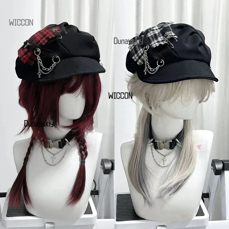 Gothic Punk Beret - Y2K Checkered Cloud  with Cross Embroidered Unisex Dark Academia Accessory Daily Wear & Halloween Cosplay