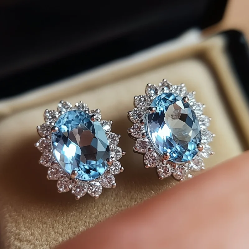 

SGARIT Vintage Solid 925 Sterling Silver Oval Blue Topaz Earrings for Women 5A Zircon Jewelry Wedding Band Party Fine Gift