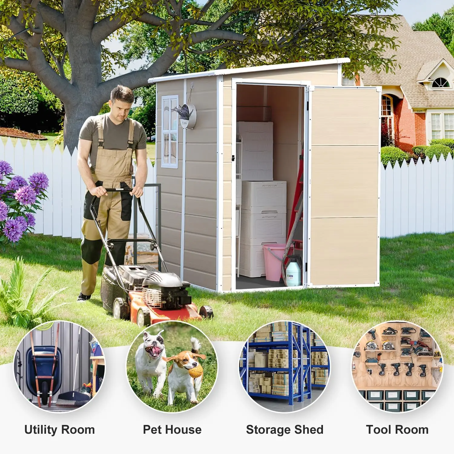 Window Lockable Door Included, Tiny Tool House for Garden Backyard Patio Lawn Garage, Small Wood Like Plastic Shed Kit for Bike