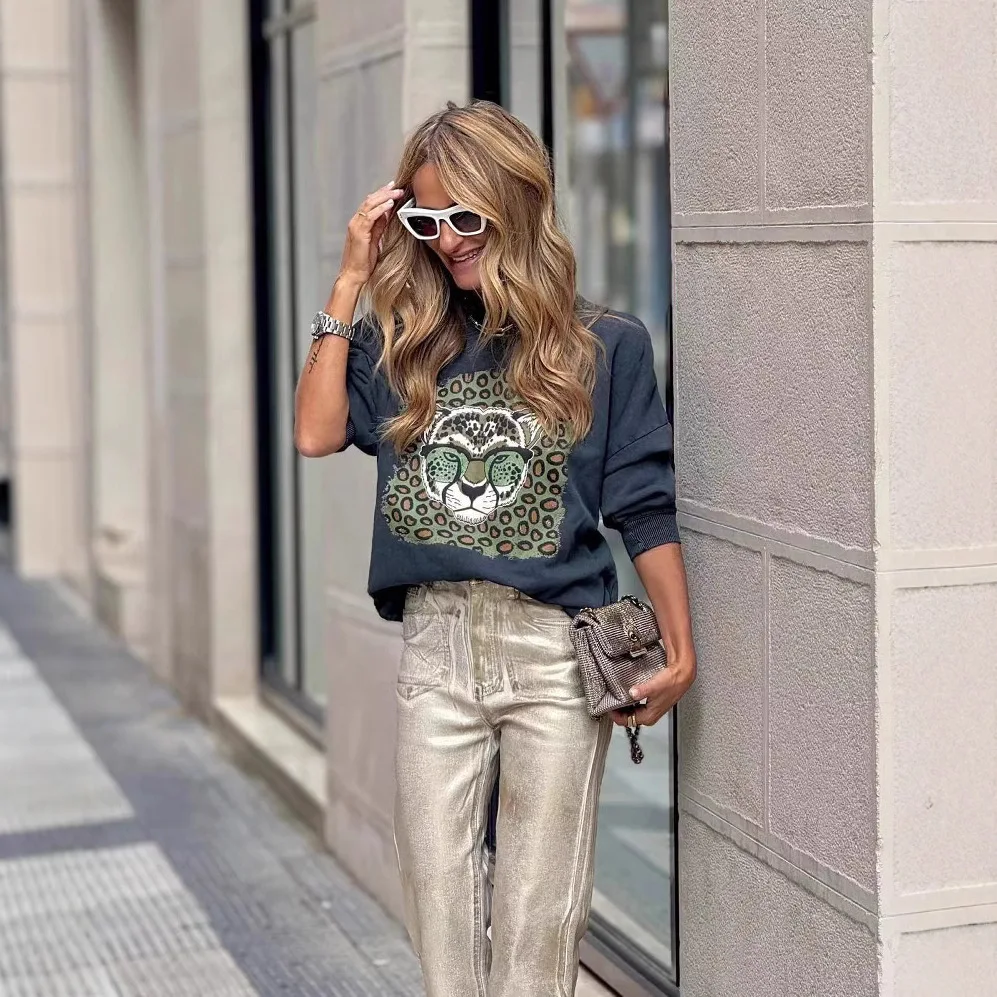 

Women's Autumn Leopard Print T Shirt Fashion Vintage O-neck Casual Long Sleeve Loose Color Matching Pullover Shirt For Women Top